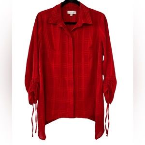 New Directions Red Plaid Assymetrical Hem Button Down Tunic Top